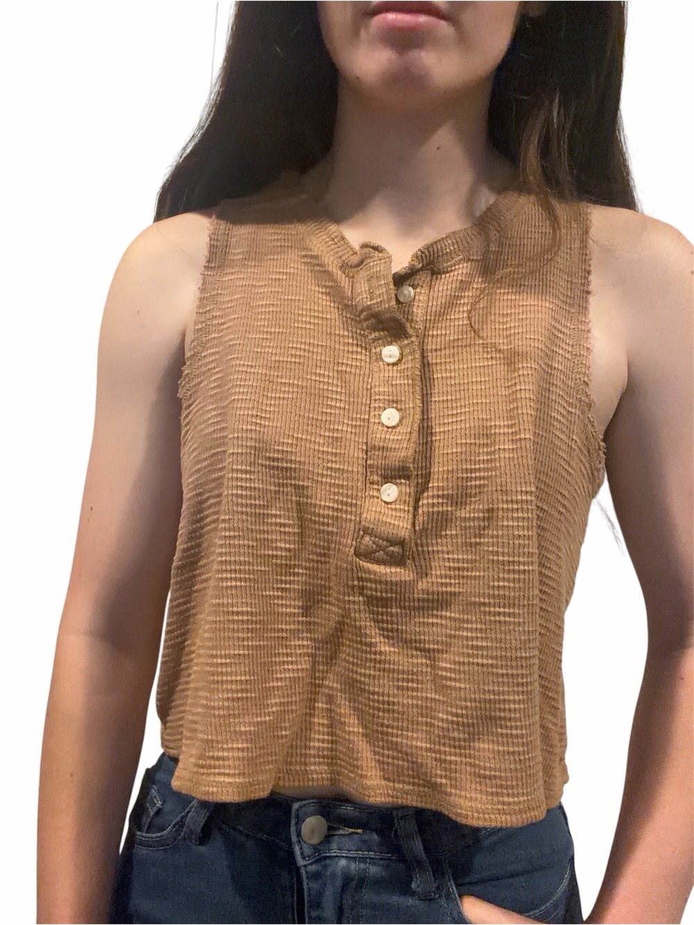 Aerie M Brown Waffle Knit Ribbed Button Front Sleeveless Tank Top